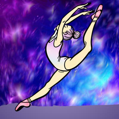 gymnast doing a leap in a leotard with a bent back leg