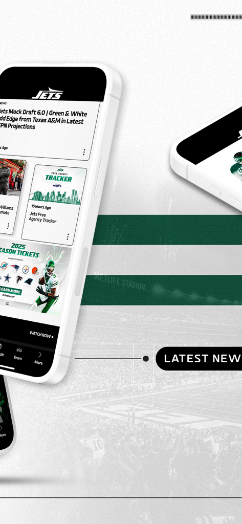 Official New York Jets - A smartphone displaying the Official New York Jets app with sections for latest news, mock draft projections, and a free agency tracker.