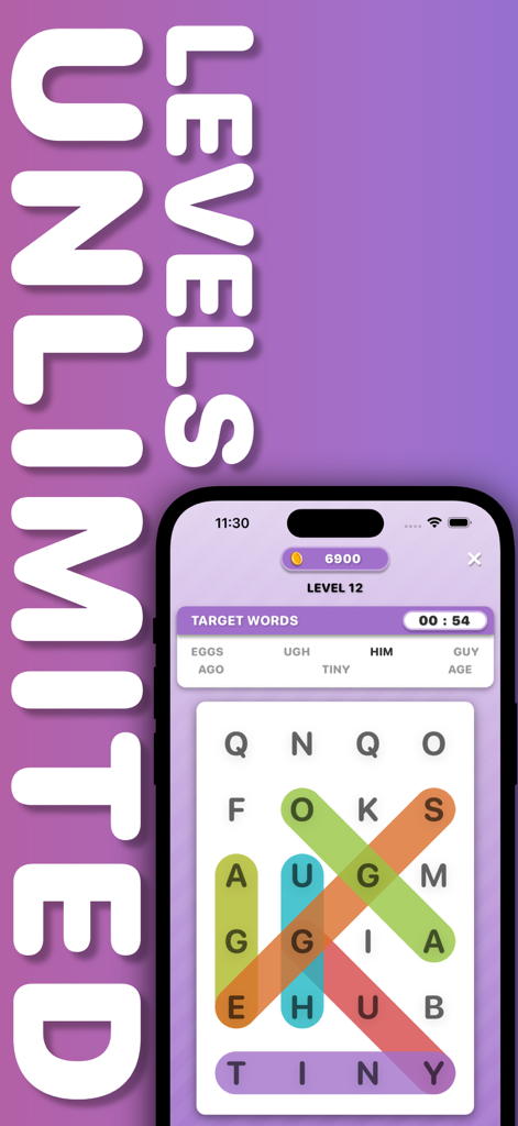 Mobile word search game interface showing a colorful puzzle grid and the text Unlimited Levels