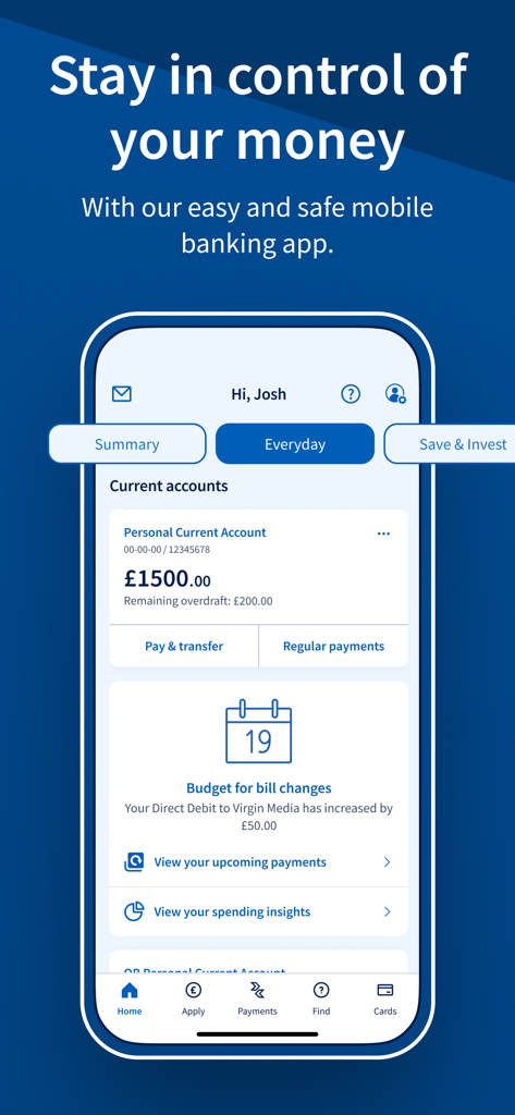 Halifax Mobile Banking - Interfaz de la aplicación de banca móvil Halifax que muestra el saldo de una cuenta corriente personal y la información de gastos en la pantalla de un smartphone.