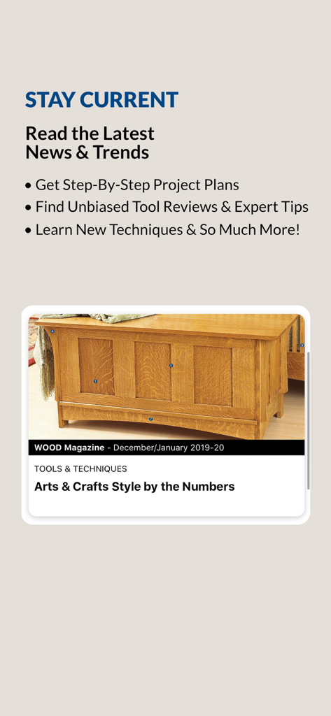 Wood Magazine app screen highlighting woodworking project plans and latest tool reviews