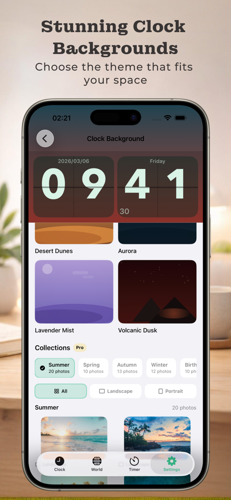 Interface of Flipora app displaying different aesthetic clock background themes and collections.