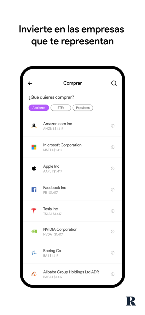 Mobile screen of Racional app displaying a list of US stocks including Amazon Apple and Tesla for Spanish speaking users