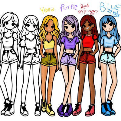 a group of girls wearing crop tops and shorts