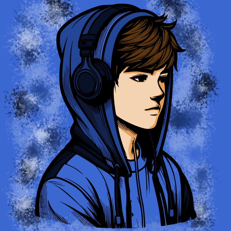 realistic teen boy wearing headphones and a hoodie