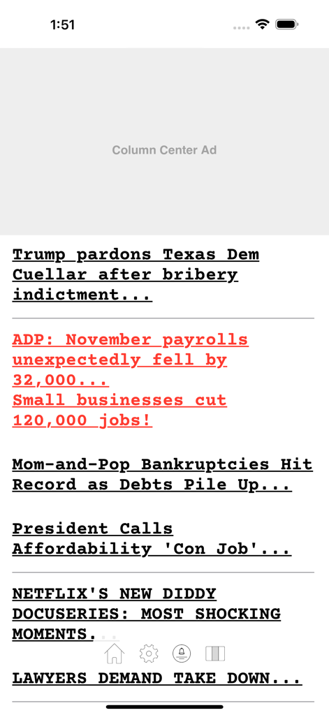 Drudge Report app mobile interface displaying news headlines in a monospaced Courier font