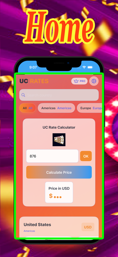 UC Calculator for PUBG - Home screen of the UC Calculator for PUBG mobile app featuring a currency conversion tool and regional price filters.
