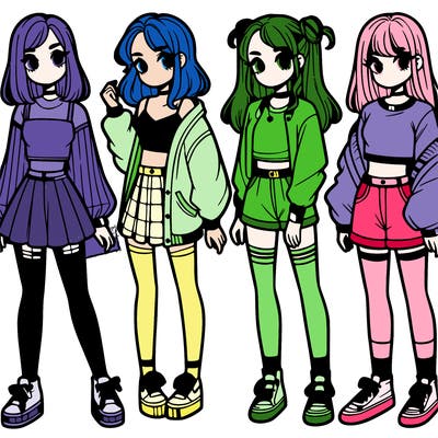 one girl with crop-top shirt and a jacket with a skirt, long socks and another girl with a shirt and pants with a jacket