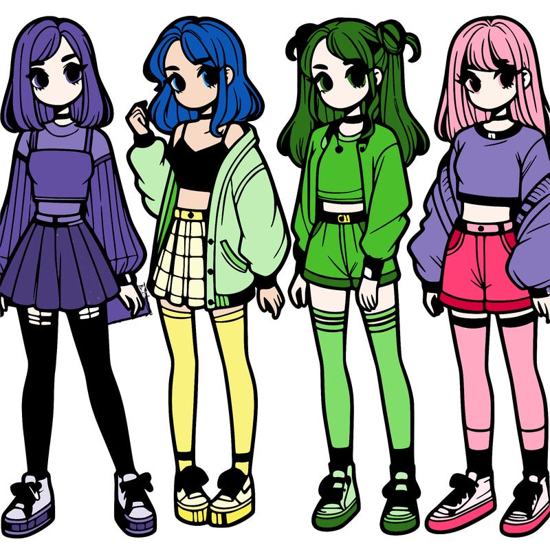one girl with crop-top shirt and a jacket with a skirt, long socks and another girl with a shirt and pants with a jacket