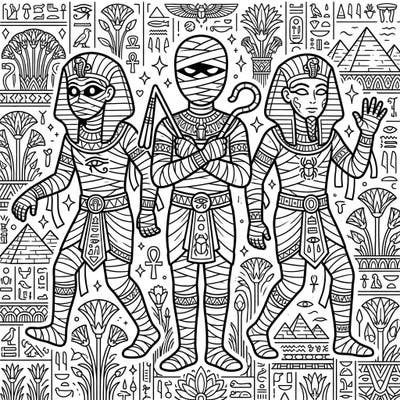 Dive into the mysterious world of ancient Egypt with this captivating coloring page featuring trendy mummies and pharaohs. Designed for teens, it offers an intricate journey through hieroglyphs and historical symbols.