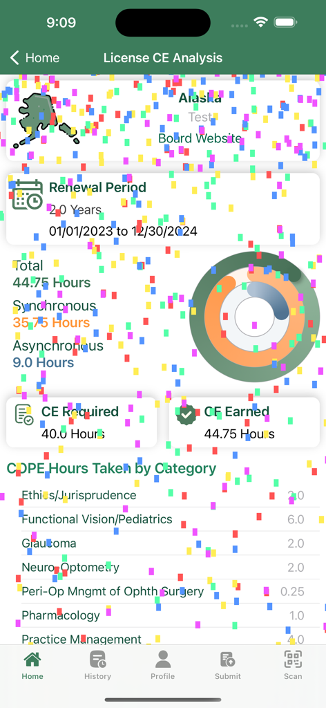 OE TRACKER attendance app - Dashboard view of the OE TRACKER app showing continuing education credits earned versus required for license compliance.