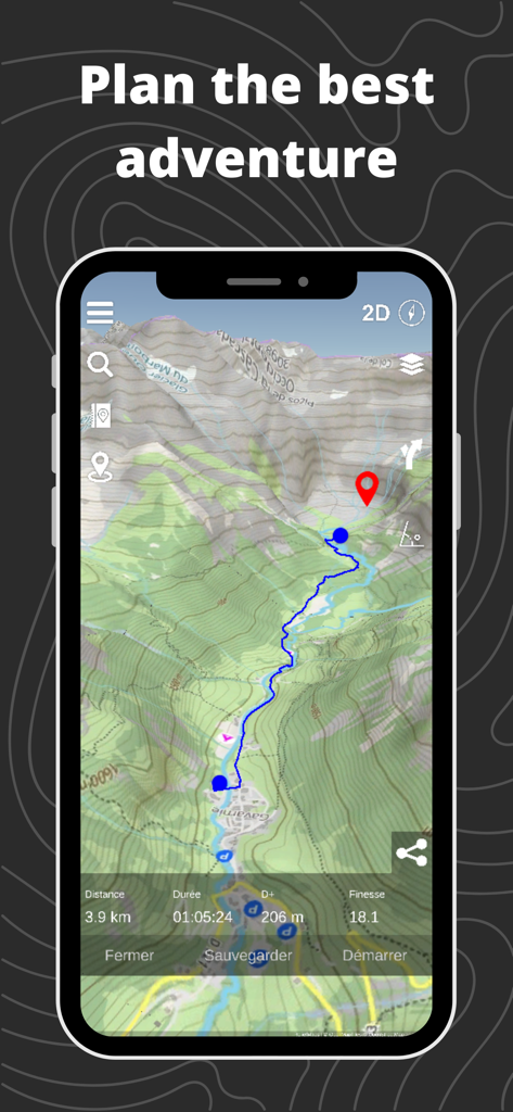 Relief Maps : backcountry gps - Relief Maps app showing a 3D topographic map and planned backcountry route