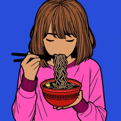 a girl realistic eating ramen noodles