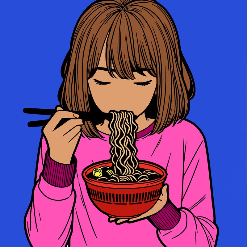 a girl realistic eating ramen noodles