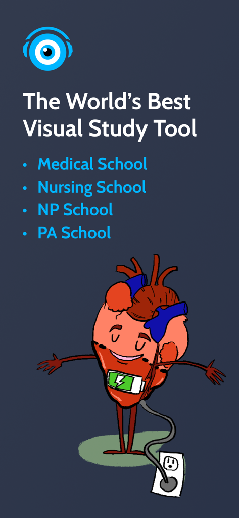 Picmonic app screen describing it as the worlds best visual study tool for nursing medical NP and PA school featuring a cartoon heart character