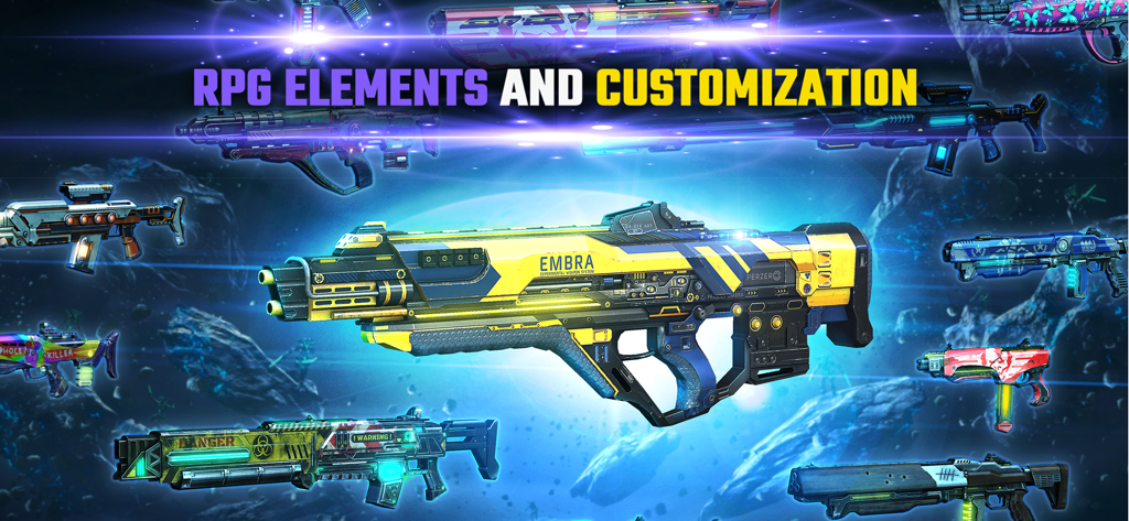 A variety of futuristic customizable weapons and rifles in Shadowgun Legends