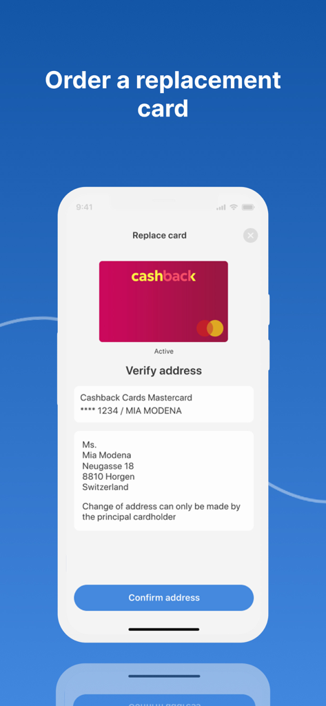 Mobile interface of the Swisscard app showing the steps to order a replacement cashback card and verify the mailing address.