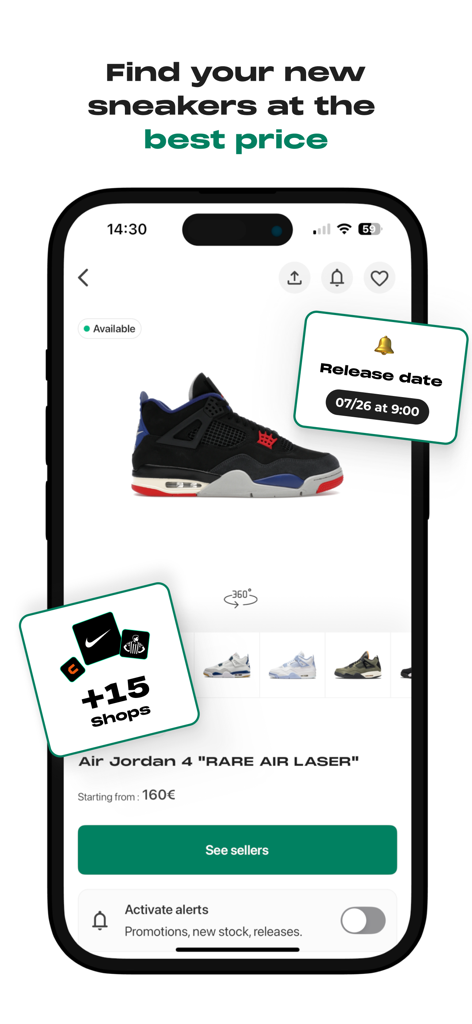 WhenToCop? - Interface de l'application WhenToCop montrant les détails de sortie de sneakers et la comparaison des prix pour Air Jordan 4