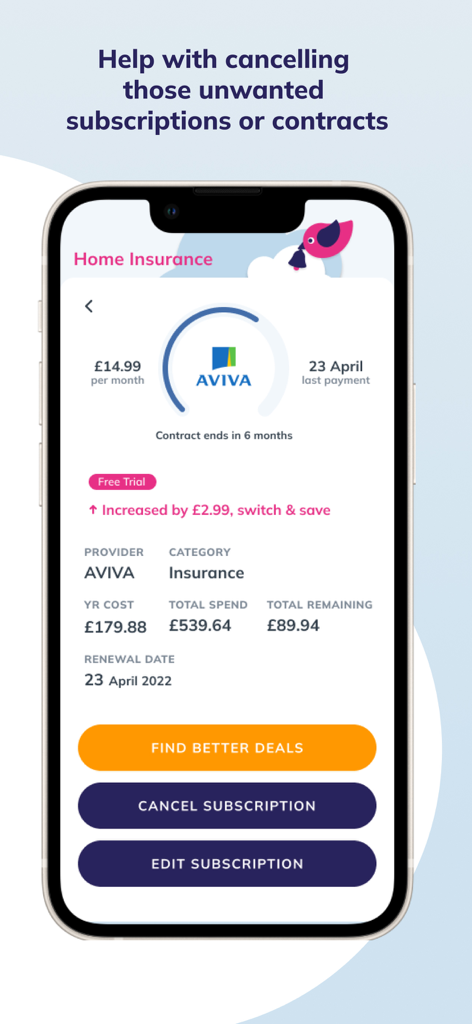 Little Birdie - Little Birdie app interface showing home insurance contract management with options to cancel or find better deals