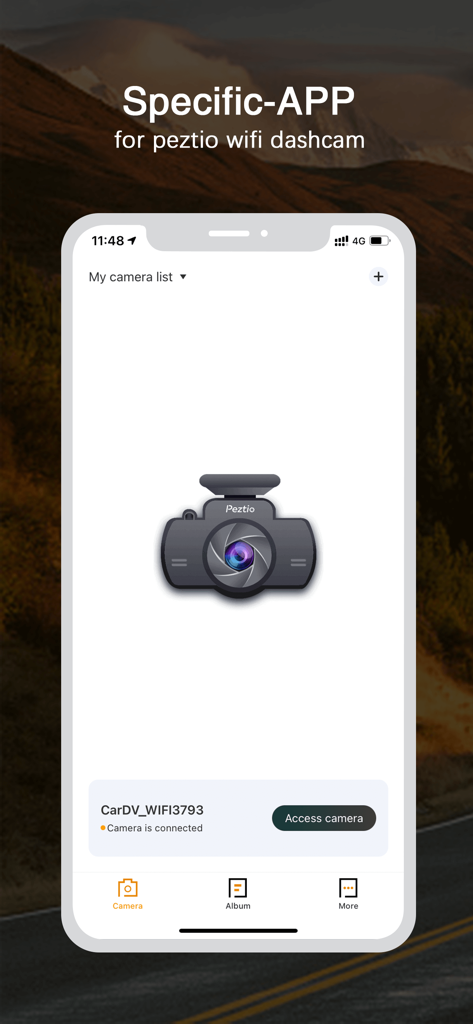 Peztio - Interfaz de la aplicación móvil Peztio mostrando una dashcam conectada en la lista de cámaras.
