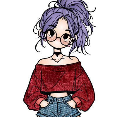 girl with a messy ponytail glasses a baggy crop top and jean shorts