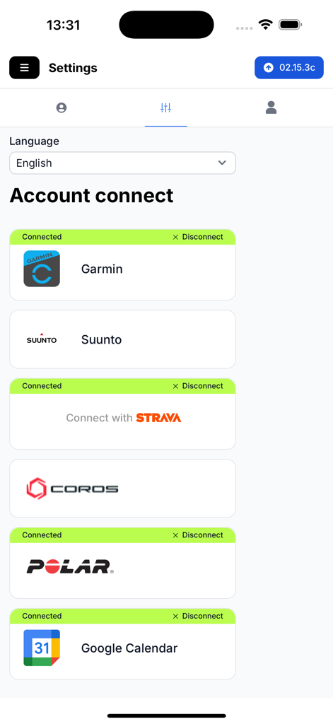 Training Endurance - Pantalla de conexión de cuenta en la aplicación Training Endurance que muestra integración con Garmin Strava y Polar