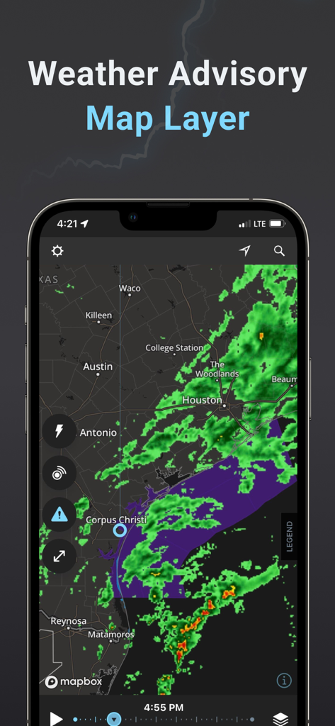 Storm Radar: Weather Tracker - La aplicación Storm Radar muestra una capa de mapa de avisos meteorológicos con actividad de tormentas sobre Texas