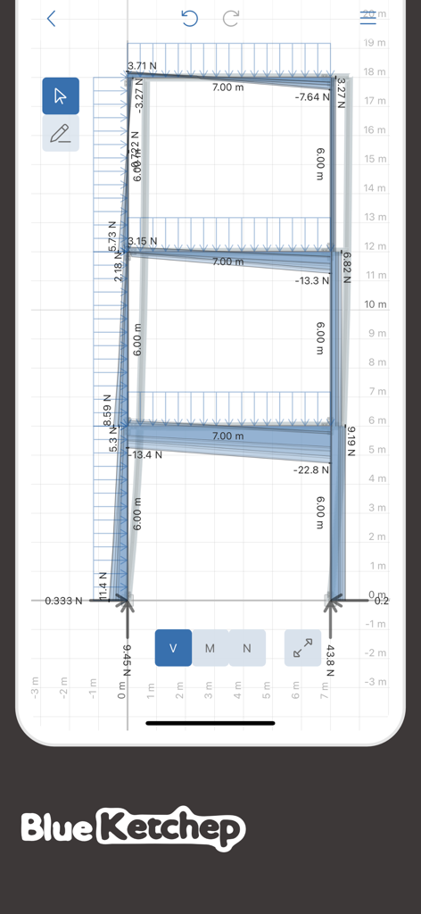 Análisis de pórtico estructural mostrando cargas distribuidas y dimensiones en la aplicación Deflection Pro