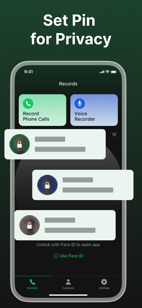 Privacy settings screen in Call Recorder Rink showing PIN and Face ID unlock options for secure call recordings