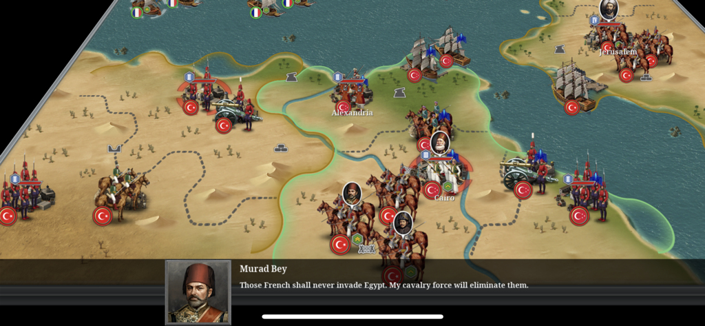 Gameplay screenshot of European War 6 1804 showing tactical combat in Egypt with General Murad Bey