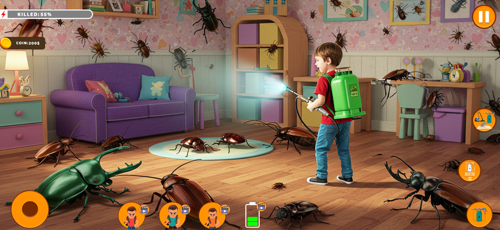 Idle Pest Cleaning Game 3D - A character using a sprayer to eliminate giant cockroaches and beetles in a child bedroom level
