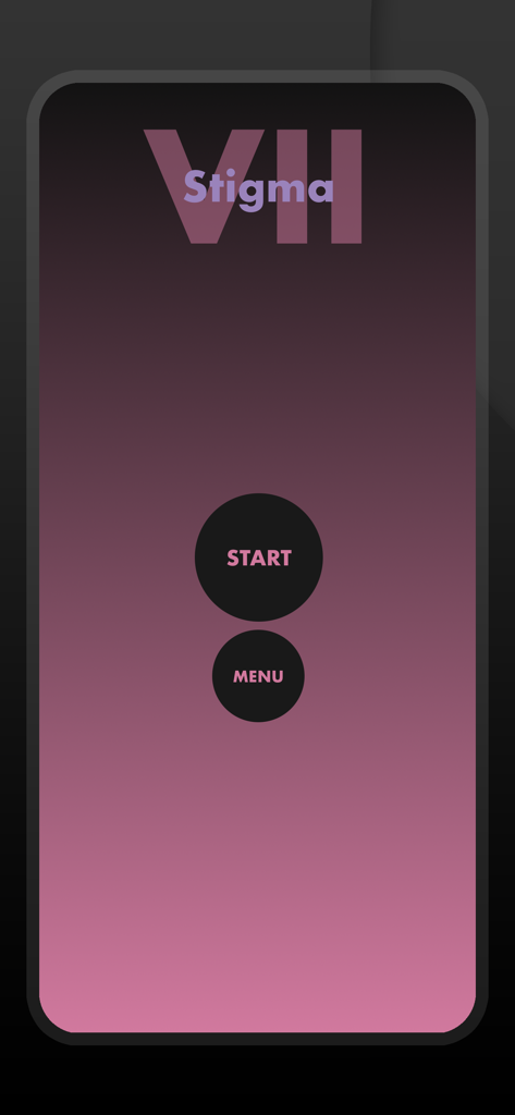 Stigma 7 - Magic Trick Tricks - Home screen of the Stigma 7 magic trick app with start and menu buttons on a pink gradient background.