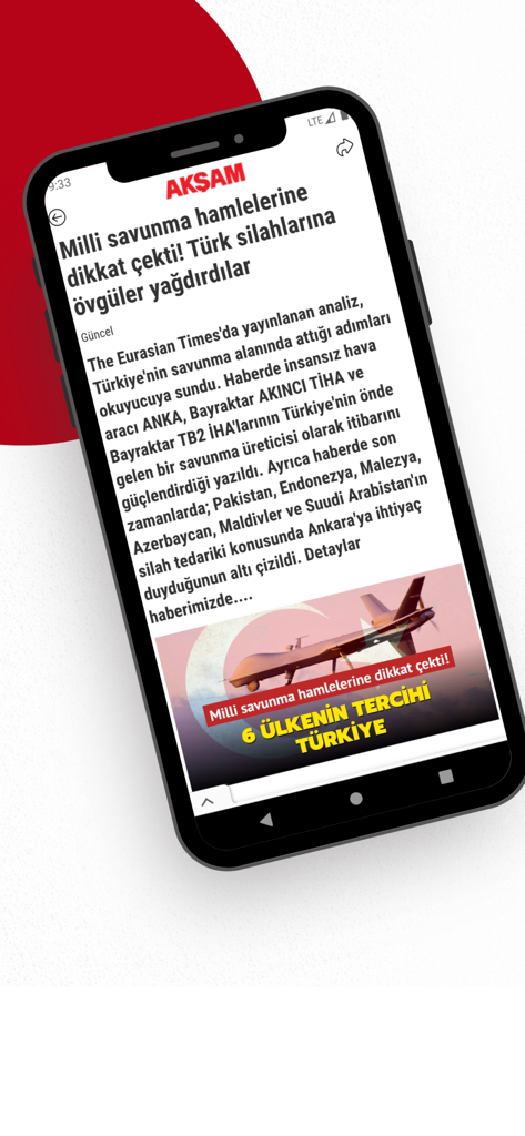 Un smartphone mostrando un artículo de noticias sobre tecnología de defensa turca en la aplicación AKŞAM Gazetesi.