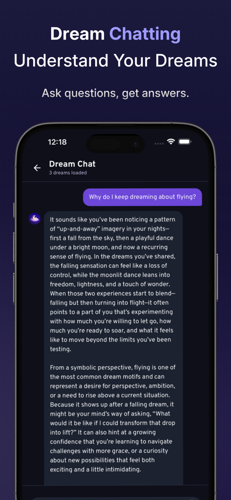 Lucidia - My Dream Journal - A mobile app screen showing a chat interface where an AI provides a psychological interpretation of a dream about flying.