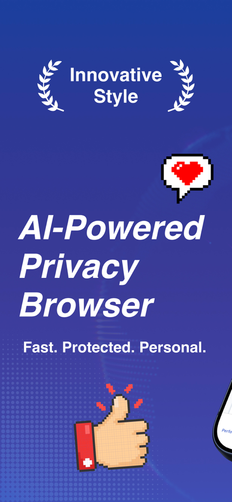 Origin AI: Silent Defense - Promotion-Bildschirm für Origin AI mit einem Privatsphäre-Browser mit Retro-Pixel-Art-Symbolen und blauem Hintergrund