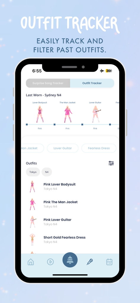 A mobile interface for the Swift Alert app showing the Outfit Tracker feature with illustrations of various tour costumes and concert details