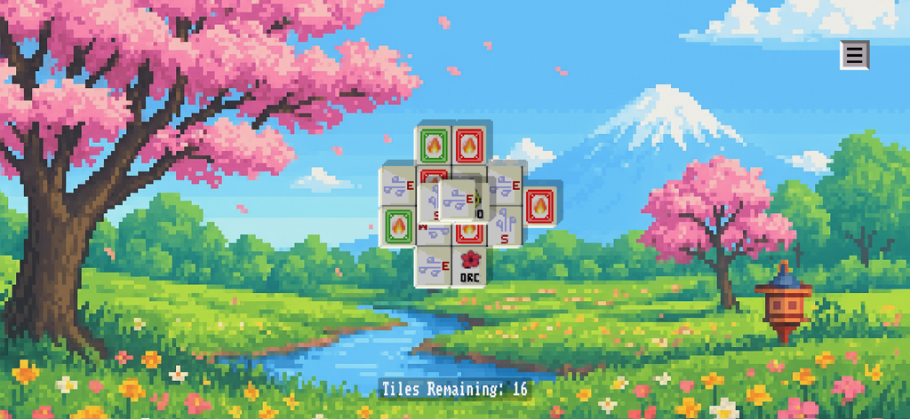 Mahjong solitaire game with pixel art cherry blossoms and Mount Fuji