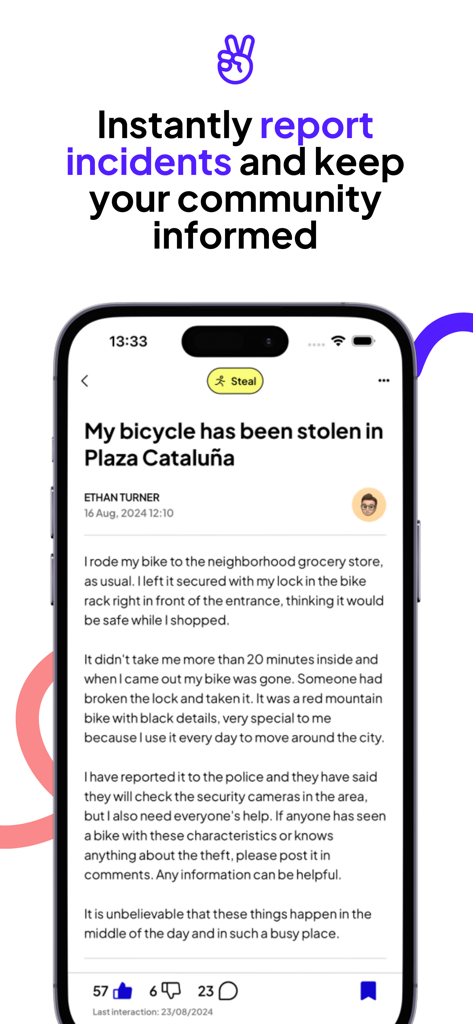 Hoople - Hoople app interface showing a user post about a stolen bicycle to keep the community informed.