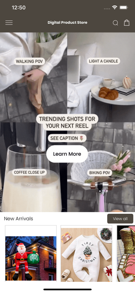 Digital Products Plr. Shop - Interfaccia dell'app mobile per il Negozio Prodotti Digitali Plr. con video stock esteticamente gradevoli per reel sui social media.