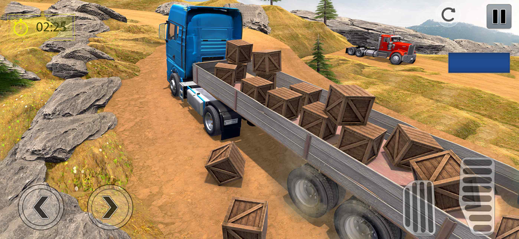 Blue truck transporting cargo crates on a dirt mountain road in a simulator game