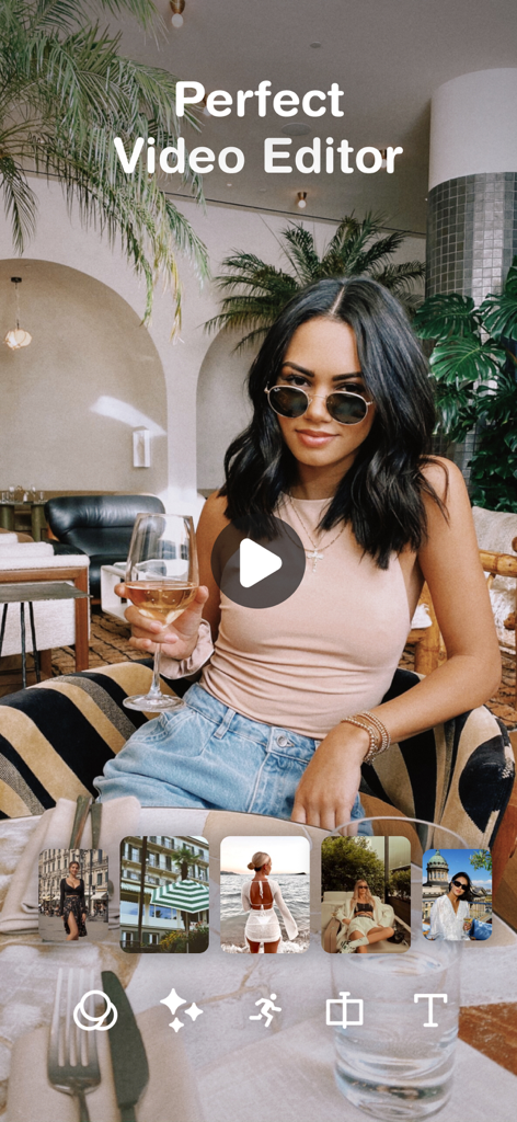 PRESETS: Filters for Pictures - A woman sitting in a cafe within the Presets app video editing interface showing various filter previews