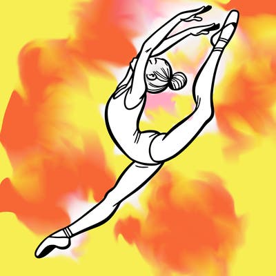 gymnast doing a leap in a leotard with a bent back leg