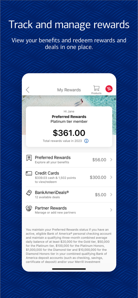 Interface of the Bank of America mobile app showing rewards management and total rewards value
