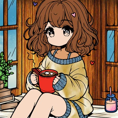 cute anime girl reading book and drinking hot chocolate from mug with loose wavy hair wearing a baggy sweatshirt and shorts sitting by windowsill looking out