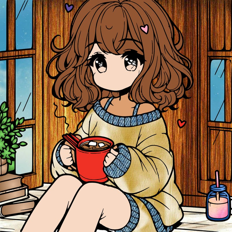 cute anime girl reading book and drinking hot chocolate from mug with loose wavy hair wearing a baggy sweatshirt and shorts sitting by windowsill looking out