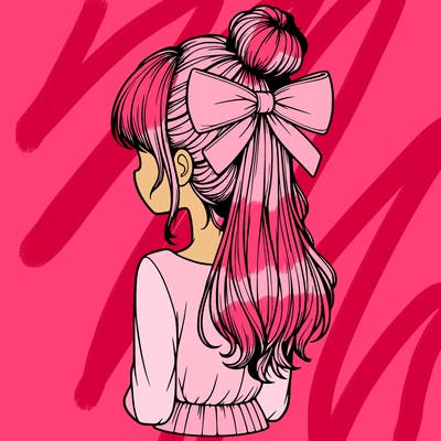 realistic girl  with hip length hair a bun and a big bow on the back of head
