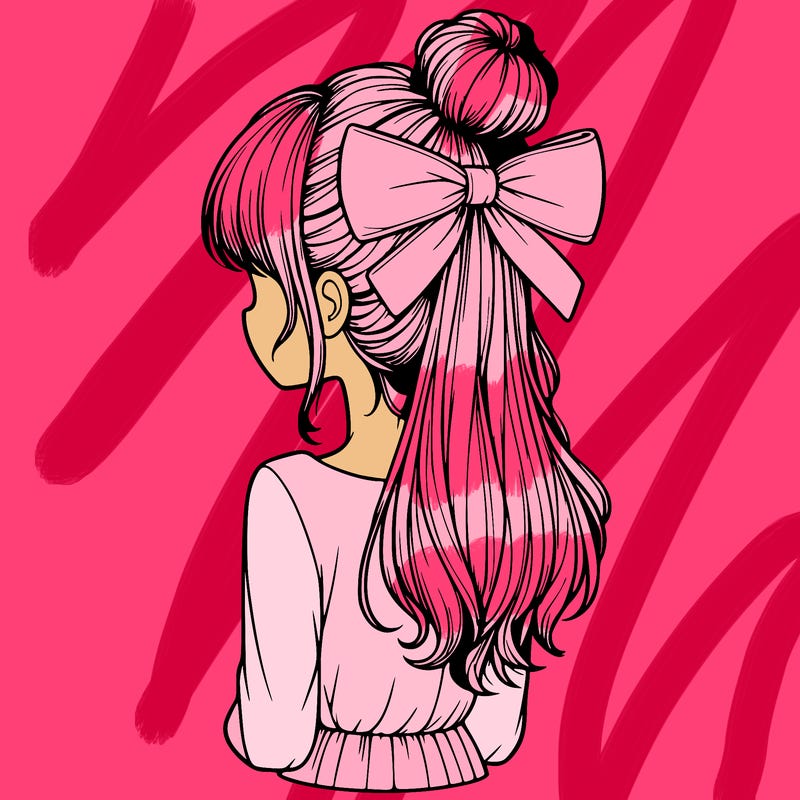 realistic girl  with hip length hair a bun and a big bow on the back of head