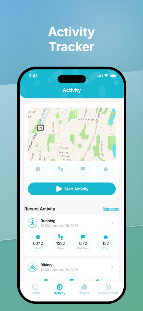 Aktivitäts-Tracker-Oberfläche der Step Counter App, die eine Karte und aktuelle Fitnessaktivitäten zeigt, einschließlich Laufen und Radfahren.