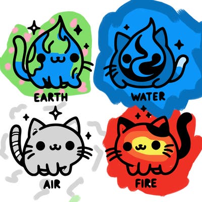 4 cats that represent the different elements, earth, water, air, and fire