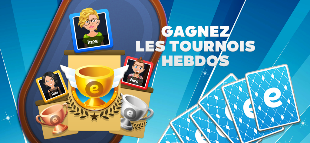 Podium des gagnants du tournoi hebdomadaire dans l'application de jeu de cartes Exoty Tarot.